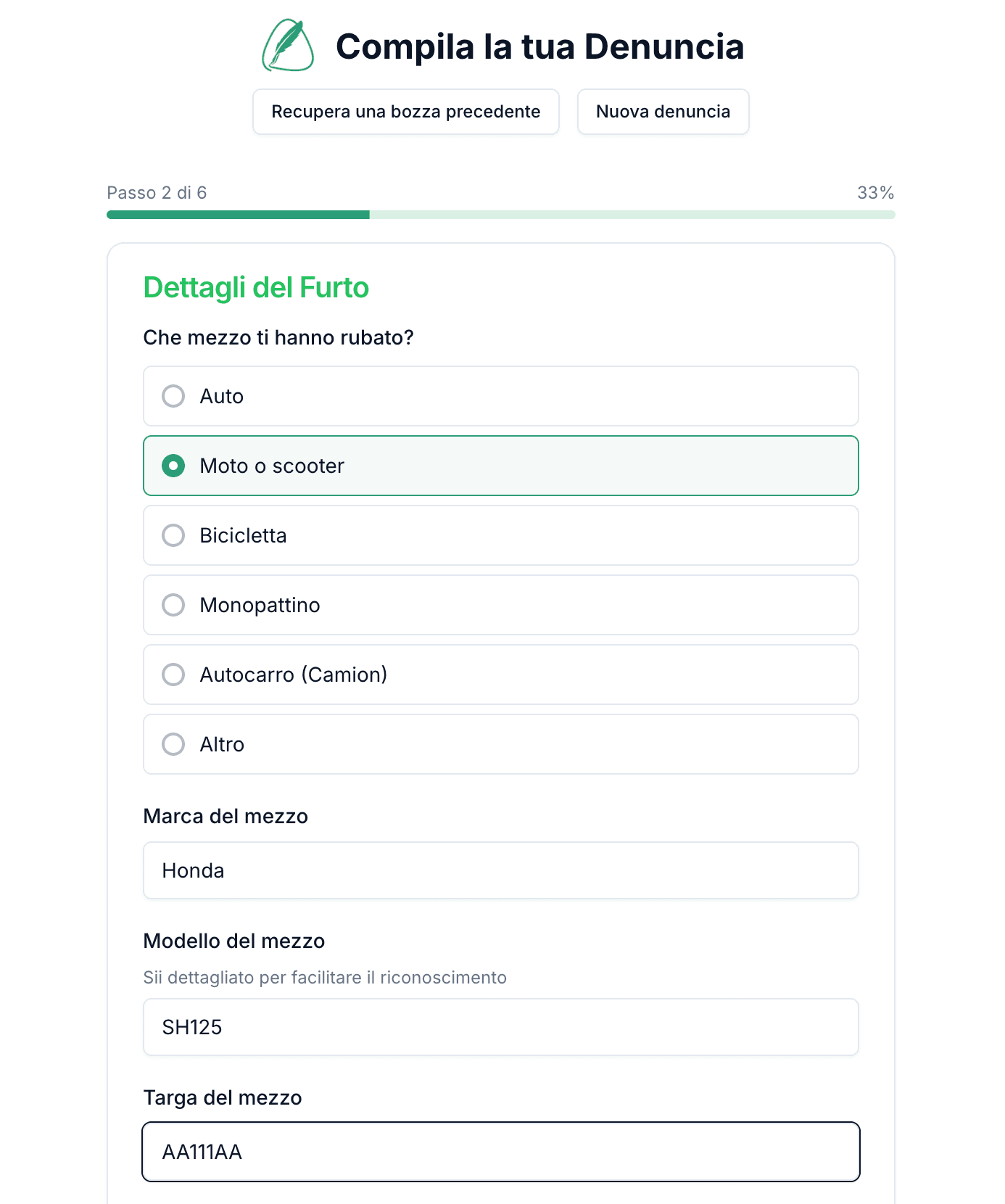 Demo della chat di compilazione denuncia - selezione tipo di denuncia