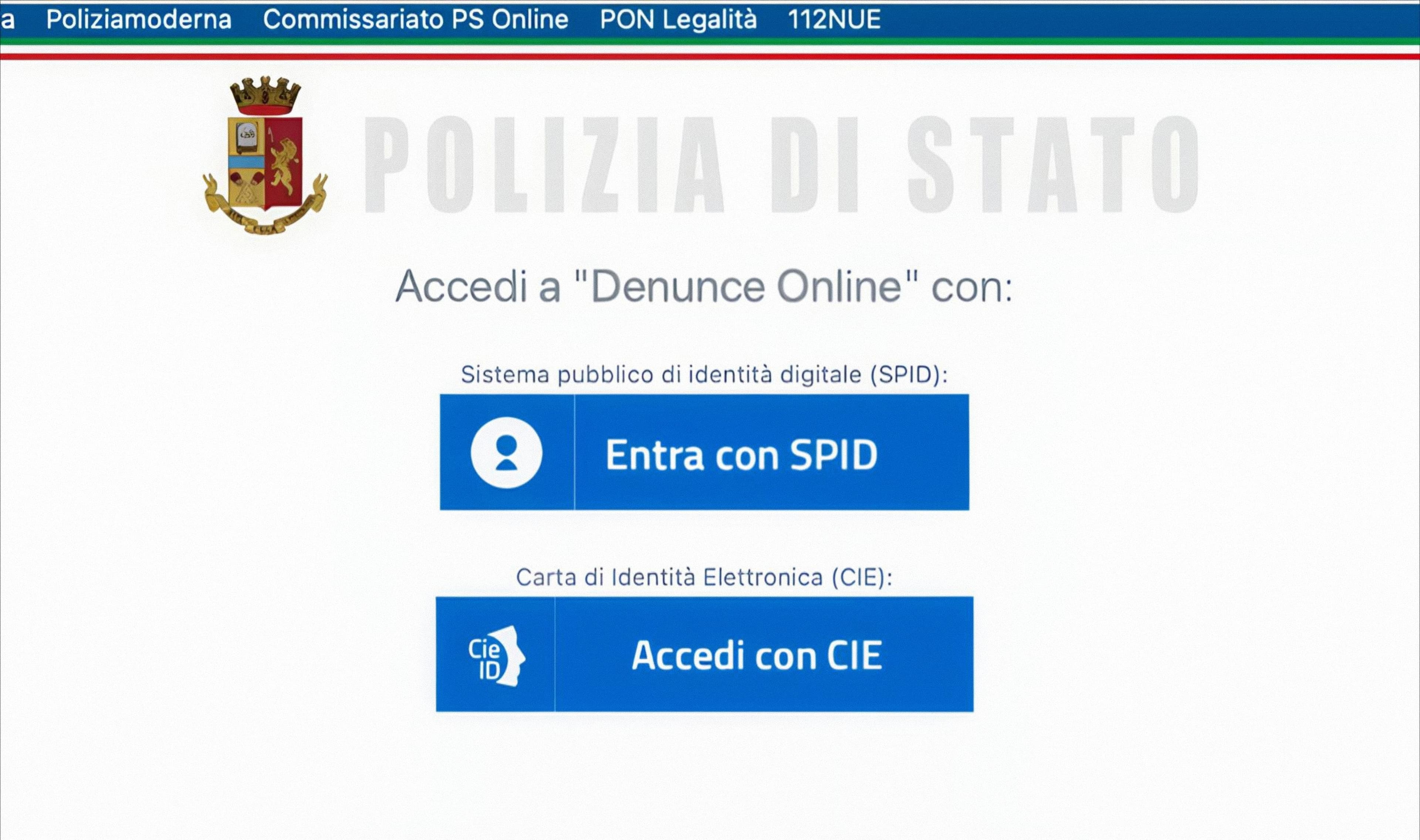 Pagina del sito web di denunce online della Polizia di Stato
