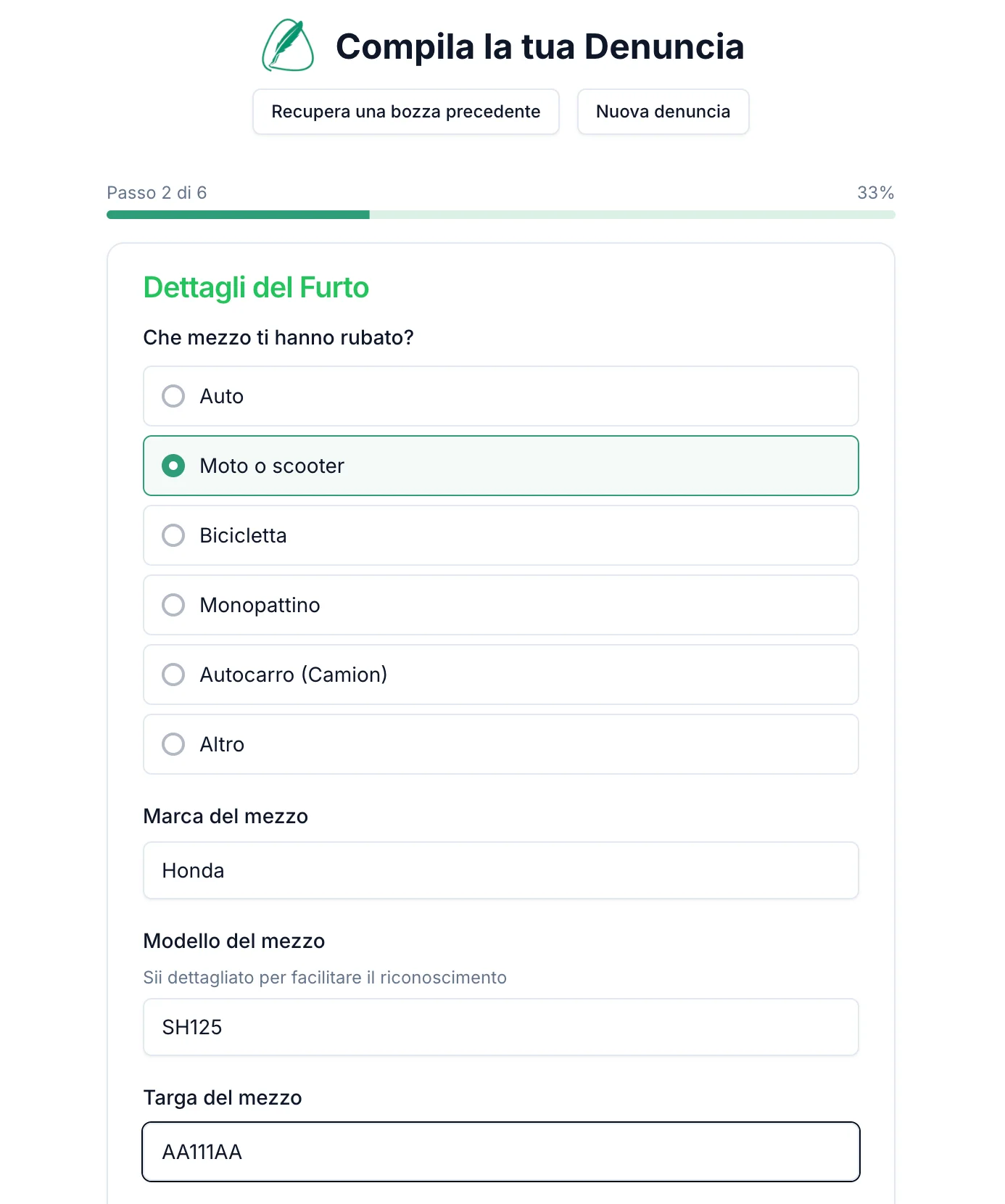 Demo della chat di compilazione denuncia - selezione tipo di denuncia
