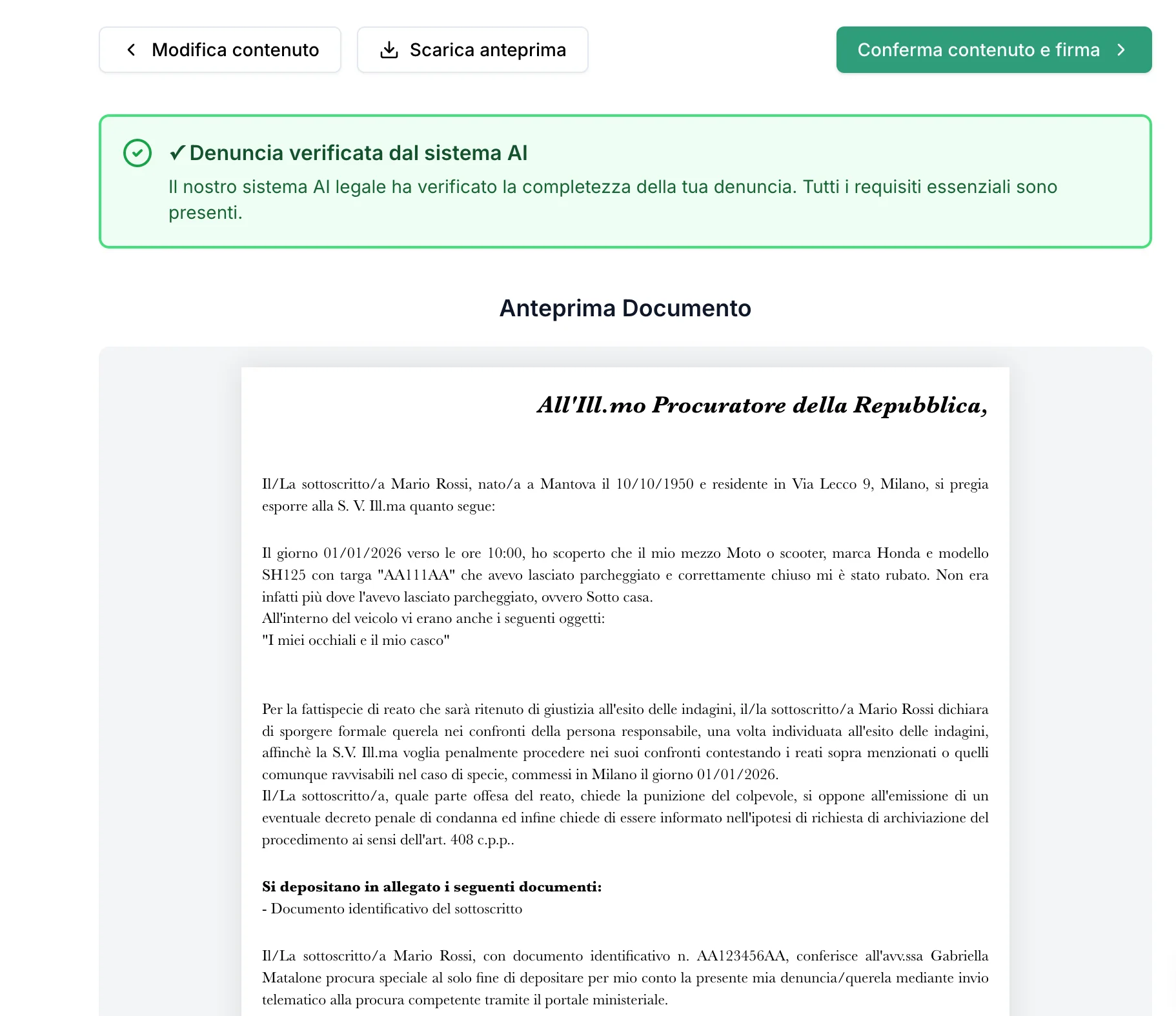 Demo della chat di compilazione denuncia - inserimento dettagli